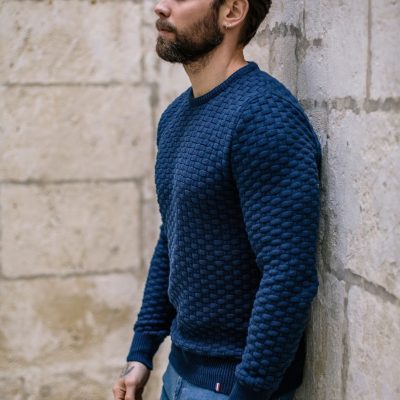 Pull homme damier marine made in France Coton Montlimart