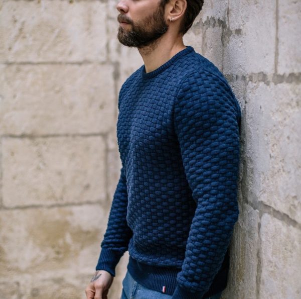 Pull homme damier marine made in France Coton Montlimart