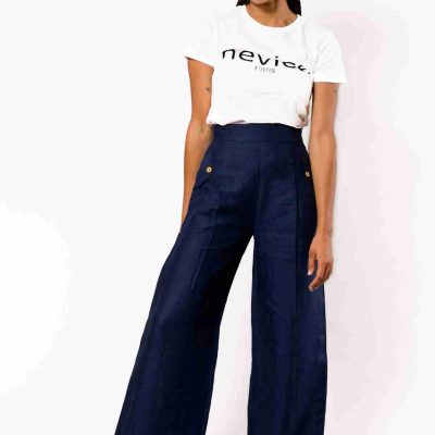 Pantalon en lin bleu marine Nevice